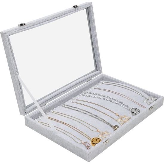 Belle Vous Boîte à Bagues En Velours Gris 100 Encoches - Présentoir Bijoux Avec Couvercle Verre