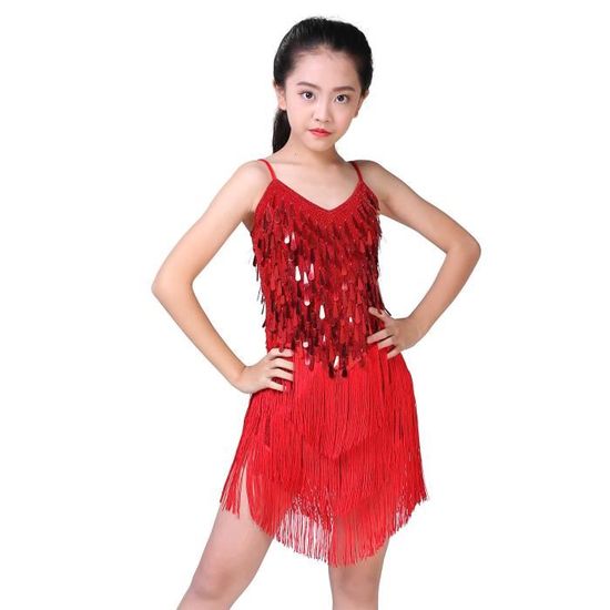 Costume De Danse Paillettes Métallique Pour Fille - Set Crop Top Et Short Avec Manchettes Frangées - Tailles 100 à 160 Cm