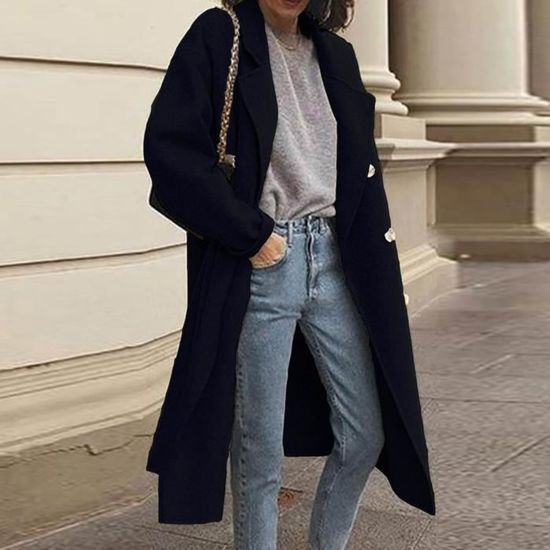 MANTEAU CABAN PARDESSUS Manteau femme oversize couleur unie double boutonnage automne hiver style Black Black Cdiscount Pret a Porter