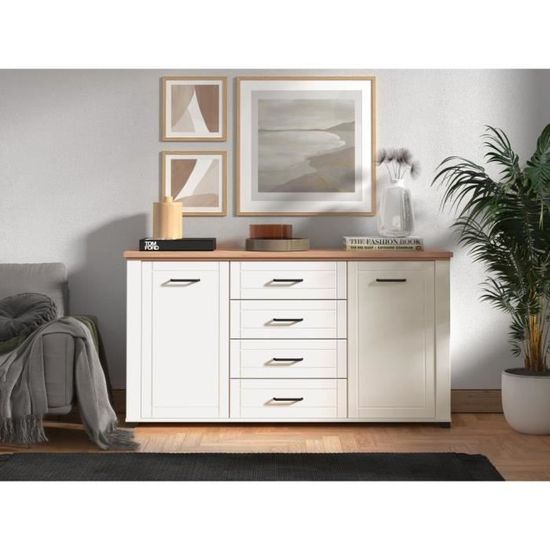 Buffet De Cuisine 182 Cm, Meuble De Rangement, 4 Portes, Tiroir, étagère Réglable, Mdf Blanc