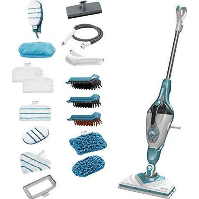 BLACK+DECKER - BHSM1615DAM-QS, Balai vapeur, Blanc et bleu, 1600 W | 13,87 sec | 16 Accessoires
