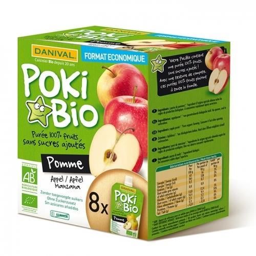 DANIVAL Poki Bio - Purée pomme nature 100% fruit bio sans sucres ajoutés 8 gourdes de 90 g - Compote fabriquée en France