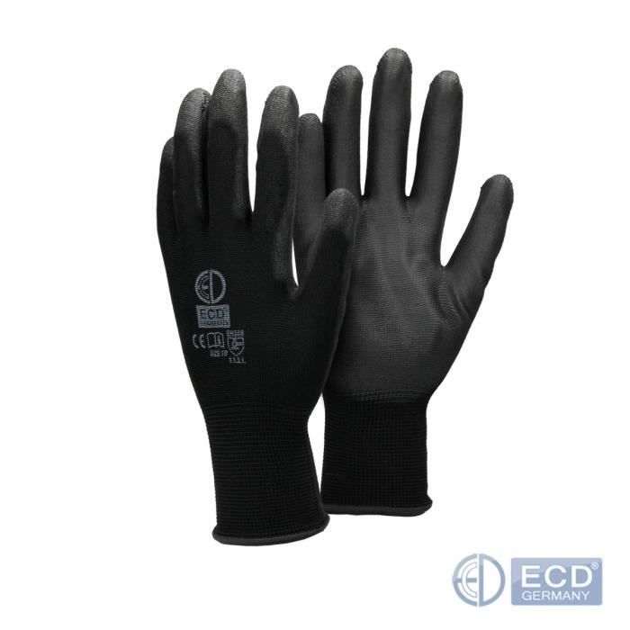 ECD Germany 24 Paires de Gants de Travail en PU - Taille 10-XL - Couleur Noir - Élastique - Protection
