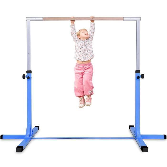 GIANTEX Barre de Gymnastique Enfant,Hauteur Réglable 12 Niveaux 91-150cm,Barre Fixe d’Entraînement en Acier Bleu Bois Massif Hêtre