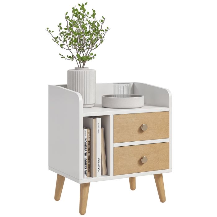 Chevet table de nuit design scandinave 2 tiroirs niche plateau pieds effilés inclinés bois massif chêne clair blanc 43x30x49cm Beige