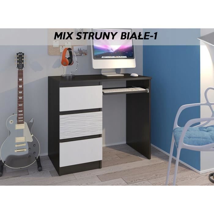 YORK 1WL- Bureau moderne informatique d'ordinateur 96x50x76 - Chambre Ado - Support clavier-3 tiroirs - Wengé Blanc