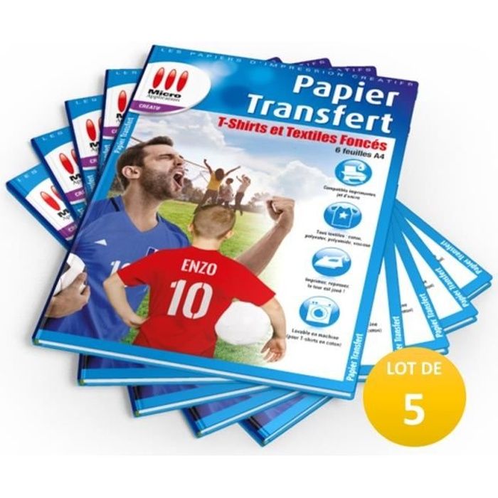 LOT DE 5 PACKS : 5X Papier Transfert T-Shirt pour Textiles de Couleur - 6 feuilles A4 / 5x MA-5099 soit 30 feuilles A4