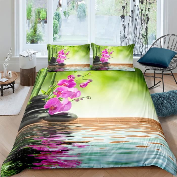 Parure de lit ZEN bambous galets fleurs et leurs reflets 220*240cm 3 pieces 1 housse de couette et 2 taies d'oreiller 63*63cm