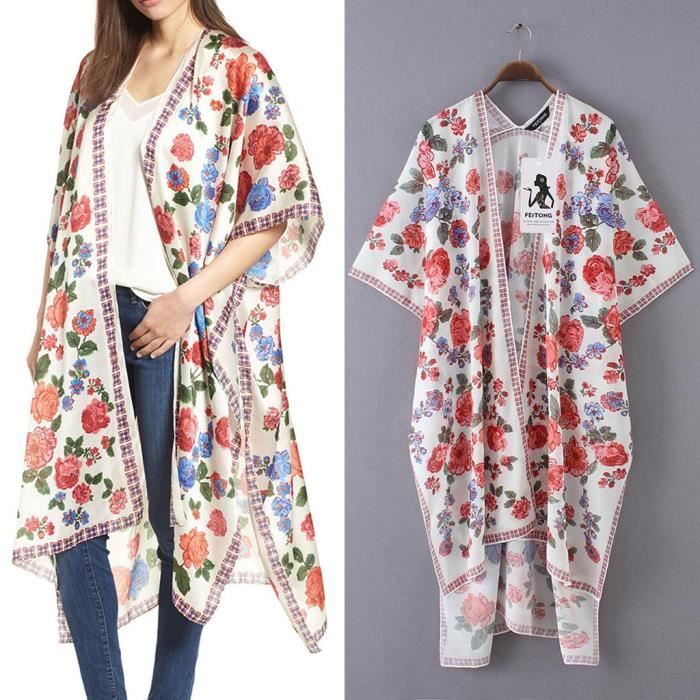 Femmes en mousseline de soie à imprimé floral Kimono Cardigan long Chemisier Châle en vrac Hauts Outwear_huadedu58335