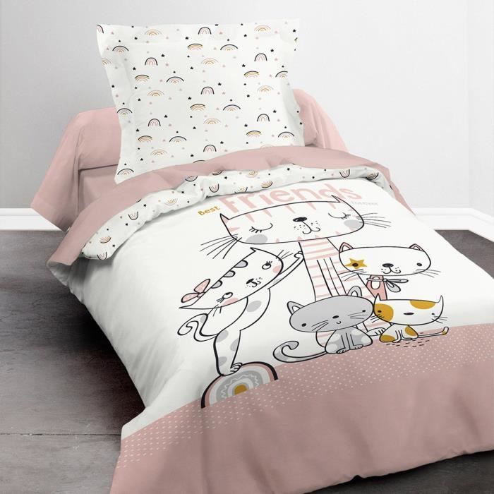 Housse de couette 140x200 Kids Kool Best friends + 1 taie 100% coton 57 fils Blanc