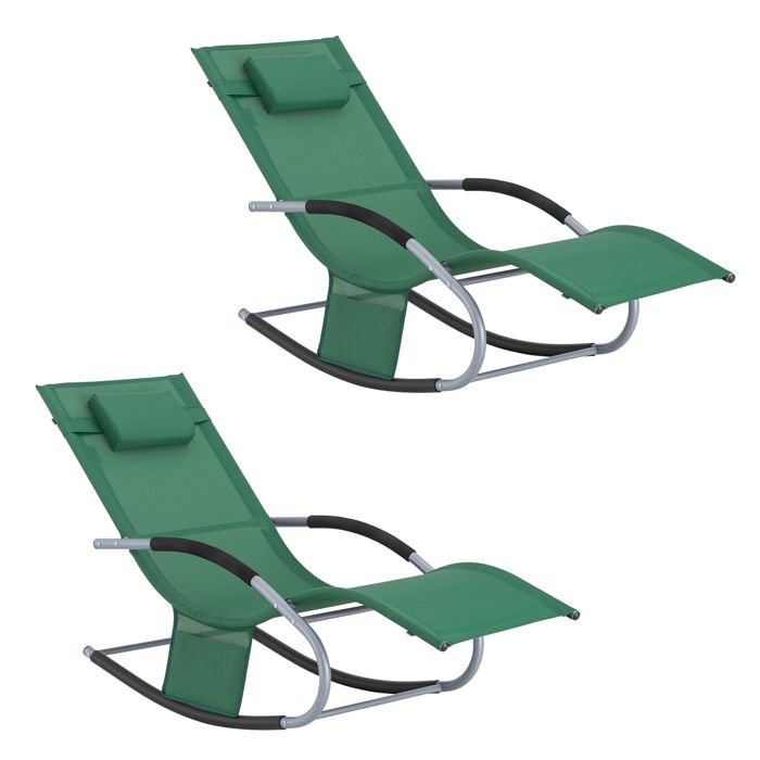 chaise longue de jardin sobuy - lot de 2 - vert foncé - appui-tête et pochette latérale