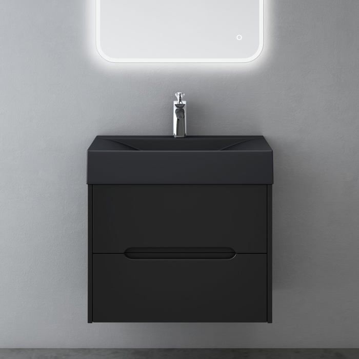 Mai & Mai Meuble de Salle de Bain Suspendu 60x56x48cm avec 2 Tiroirs et Lavabo Meuble Sous Lavabo Noir Mat Yoga-Lackier