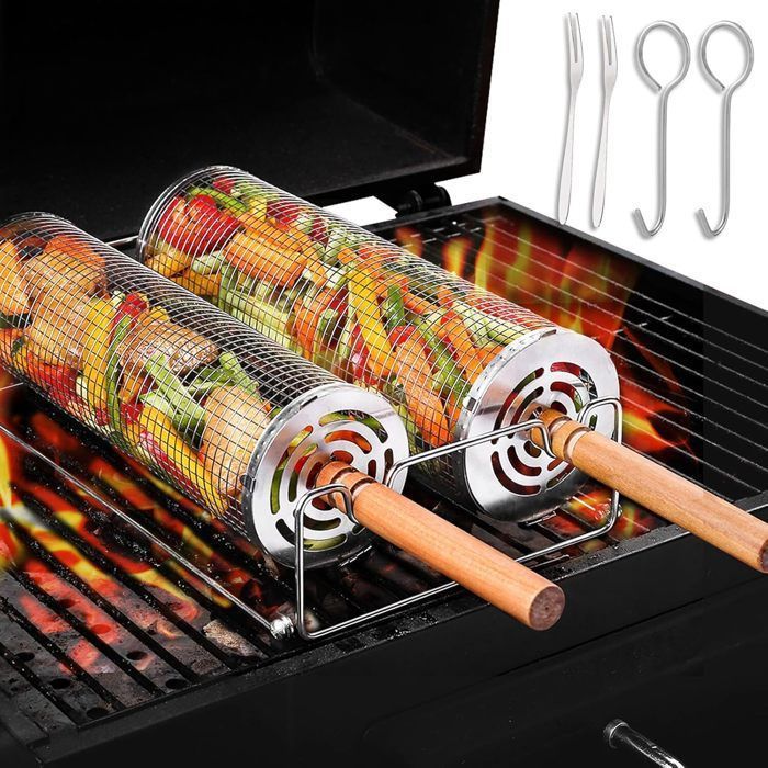 Accessoires pour barbecue - Lot de 2 Panier de Barbecue Avec Manche en Bois Amovible Paniers à Griller Cylindriques Accessoires pour barbecue - Lot de 2 Panier de Barbecue Avec Manche en Bois Amovible Paniers à Griller Cylindriques