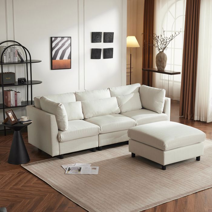Canapé dangle convertible - CLIC-CLAC - 3 places - Tissu en lin - Beige - Design moderne
