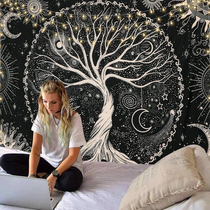 Tapisserie murale Mandala trippante Arbre de vie tapisserie galaxie noire tapisserie bohème esthétique (130 x 150 cm noir)