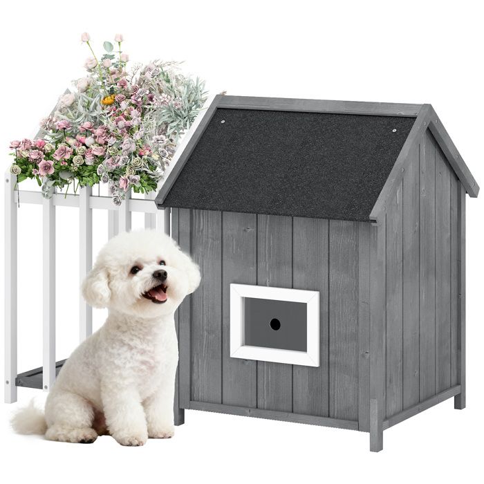 Niche pour chien extérieur - PawHut - avec terrasse porte à lamelles toit en bitume - bois - gris