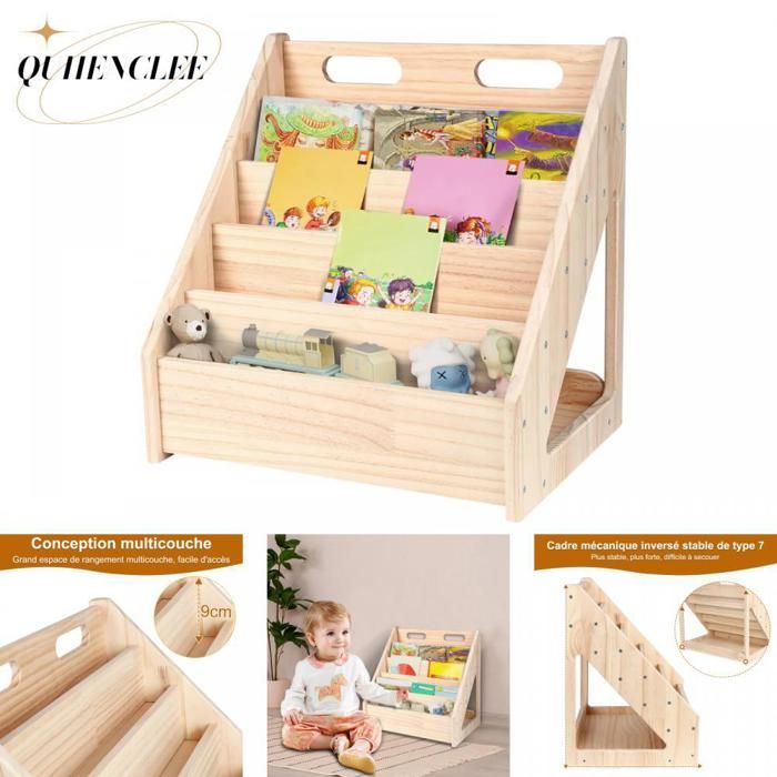 Bibliothèque enfant 41.9*41.9*30.4cm Etagère en pin couleur bois pour table et bureau QUIIENCLEE