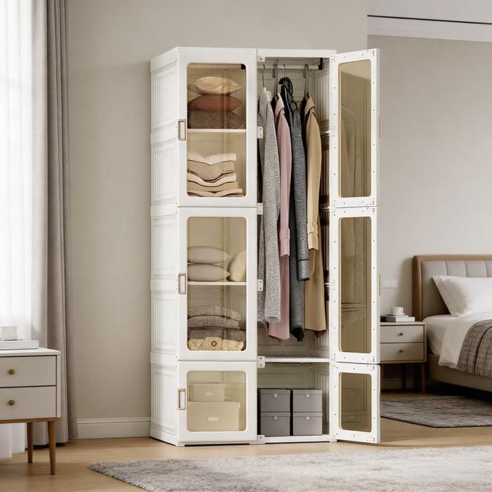 Armoire de Chambre - COMANLAI - Décor Blanc - Armoire penderie avec 6 portes et 5 étagères - Rangement Pliable Multifonction