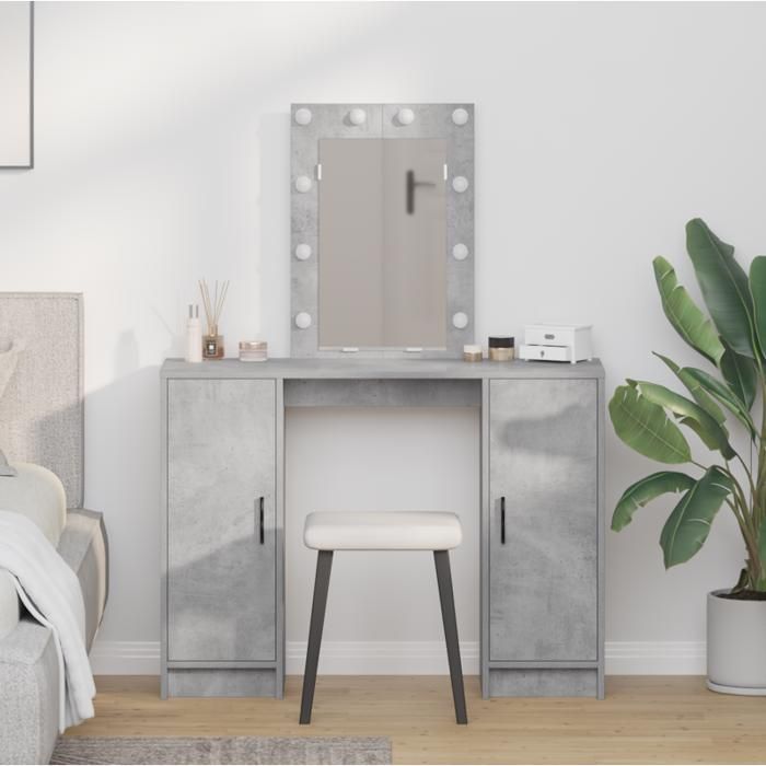 Coiffeuse - Gris béton - 102x33x135 cm - LED intégré - Rangement inclus