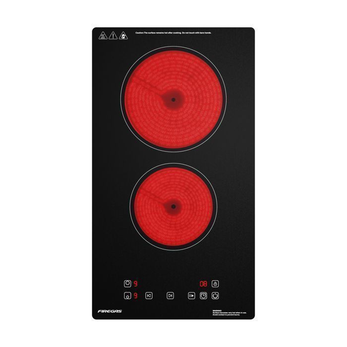 Plaque de Cuisson Vitrocéramique Noir FIREGAS, 2 foyers, 3000W, 9