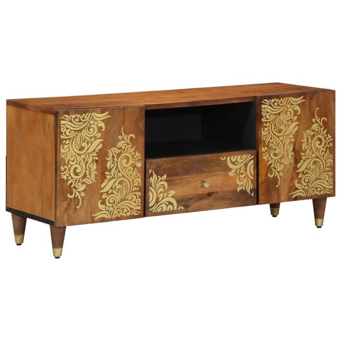Meuble TV - Bois de manguier massif - 105x33x46 cm - Finition vernie - 2 portes et 1 tiroir