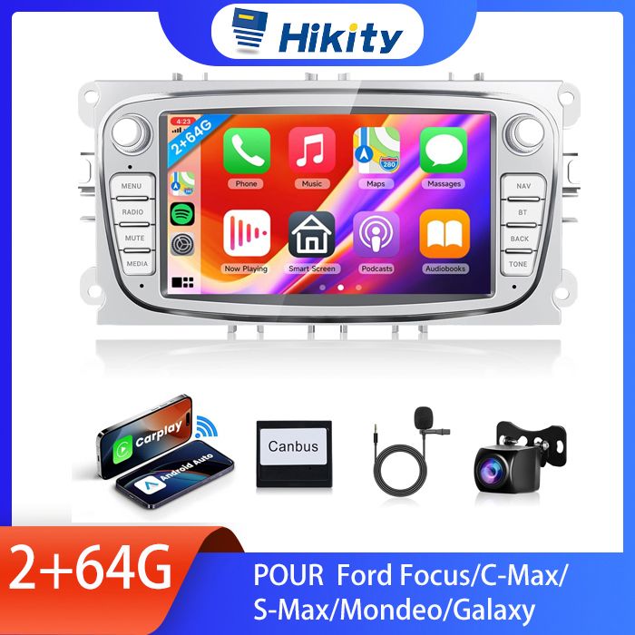 Autoradio Android 7 Pouces Pour Ford Focus II/S-Max/Mondeo 9/Galaxy II/C-Max/Kuga (2006-2011) - CarPlay/Android Auto Sans Fil, 2Go+64Go, GPS, WiFi, Caméra De Recul Incluse