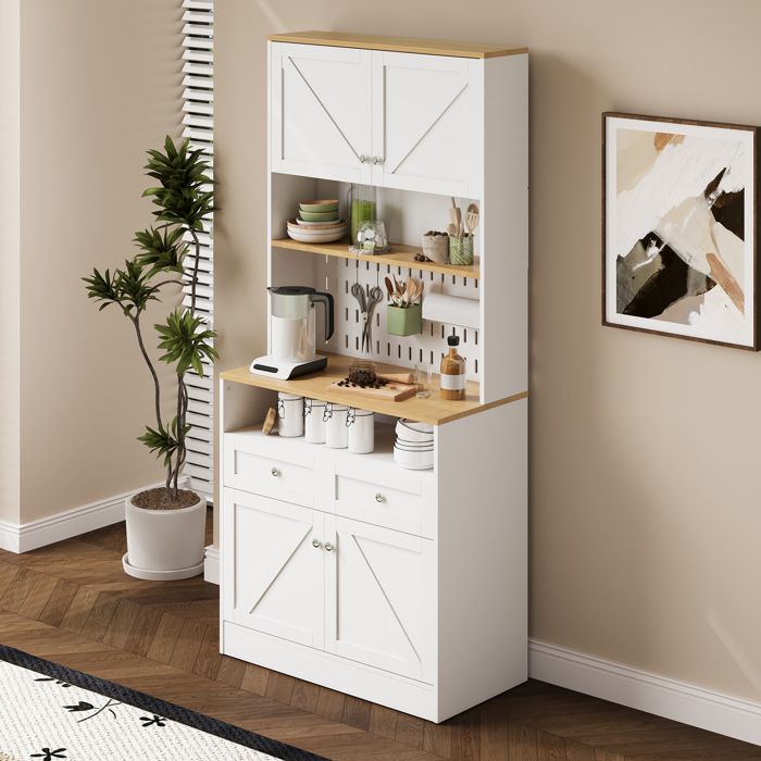 Buffet Haut Cuisine Blanc & Bois avec Portes Barn 2 Tiroirs étagères ouvertes et panneau perforé Meuble Rangement Multifonction Buffet Haut Cuisine Blanc & Bois avec Portes Barn 2 Tiroirs étagères ouvertes et panneau perforé Meuble Rangement Multifonction