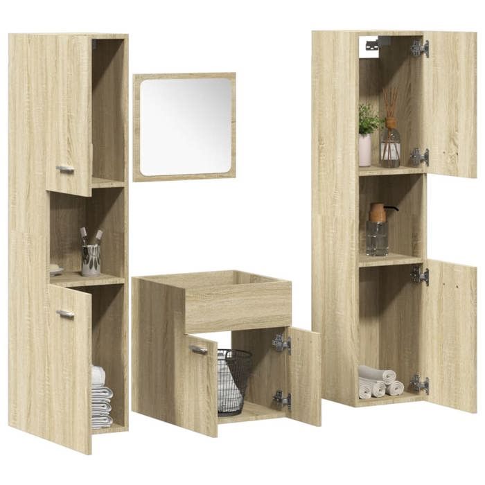 Ensemble de meubles de salle de bain - Happiness - 4 pièces - Chêne sonoma - Bois dingénierie - Miroir 40x37 cm