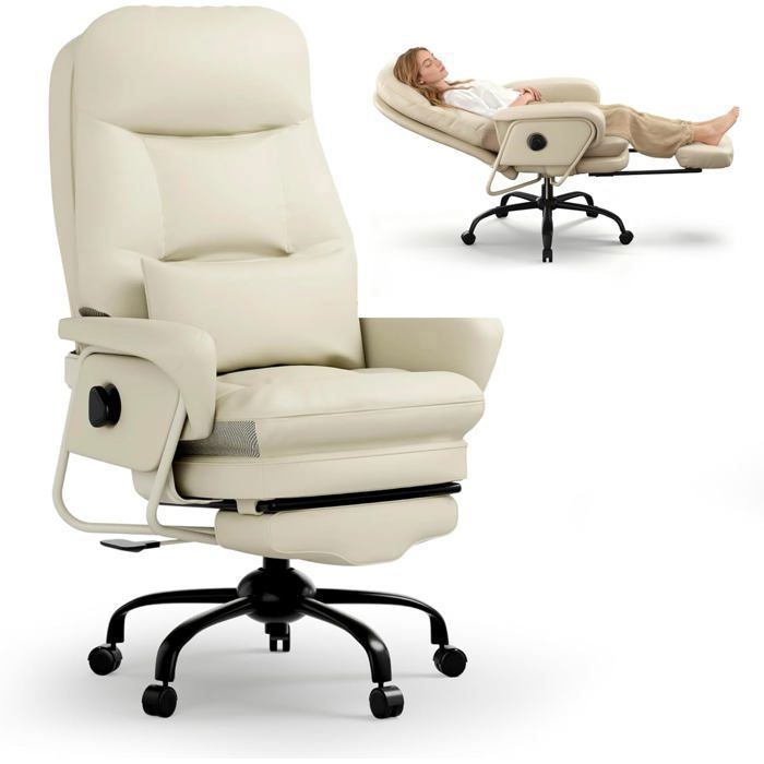 FlexiSpot Chaise de Bureau Ergonomique 3-en-1 Relax & Bureau Inclinable à 165° Repose-Pieds Coussin Confort PU Épais Beige