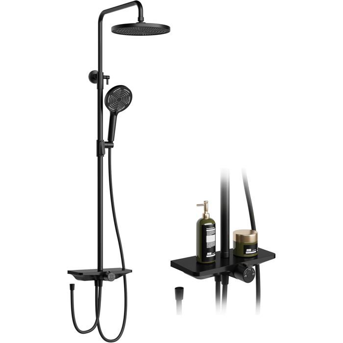 Système de douche complet - LUNSY - Douche de tête effet pluie 25 cm - Douchette 3 en 1 - Colonne réglable 98-130 cm