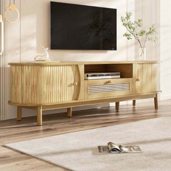 Meuble TV - LANGTU - 165 x 37 x 46 cm - Rotin tressé - Portes coulissantes & tiroirs - Pieds bois massif