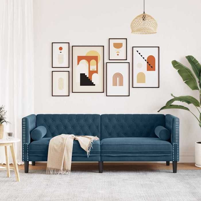 Bleu SOFA - PHSH - Canapé Chesterfield avec traversins 3 places - contemporain - bleu velours C1970