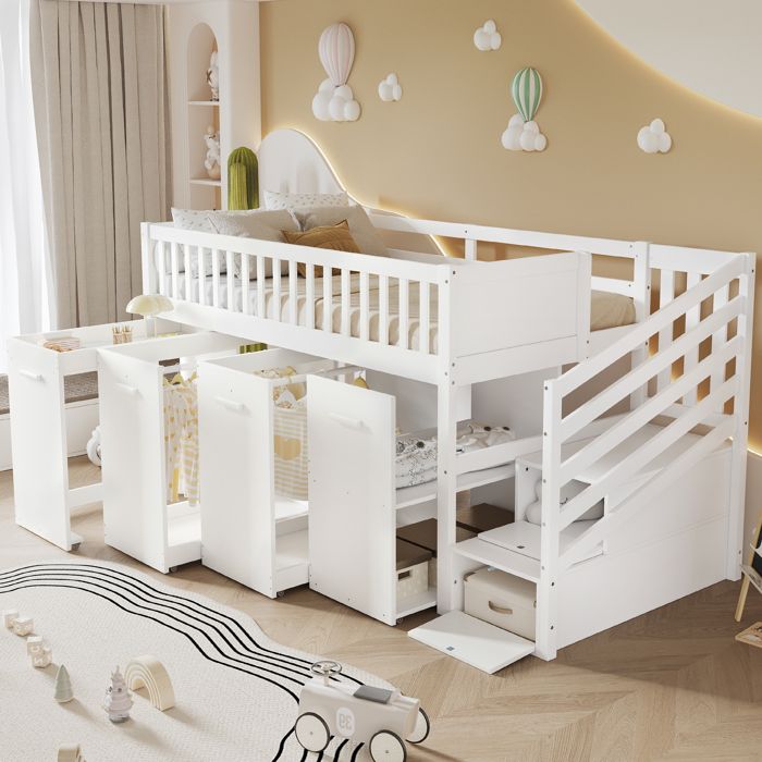 Lit Mezzanine enfant 90x200 cm Lit Combiné avec Bureau Armoire et Escalier de Rangement Sécurité Sans Matelas Pin + MDF Blanc
