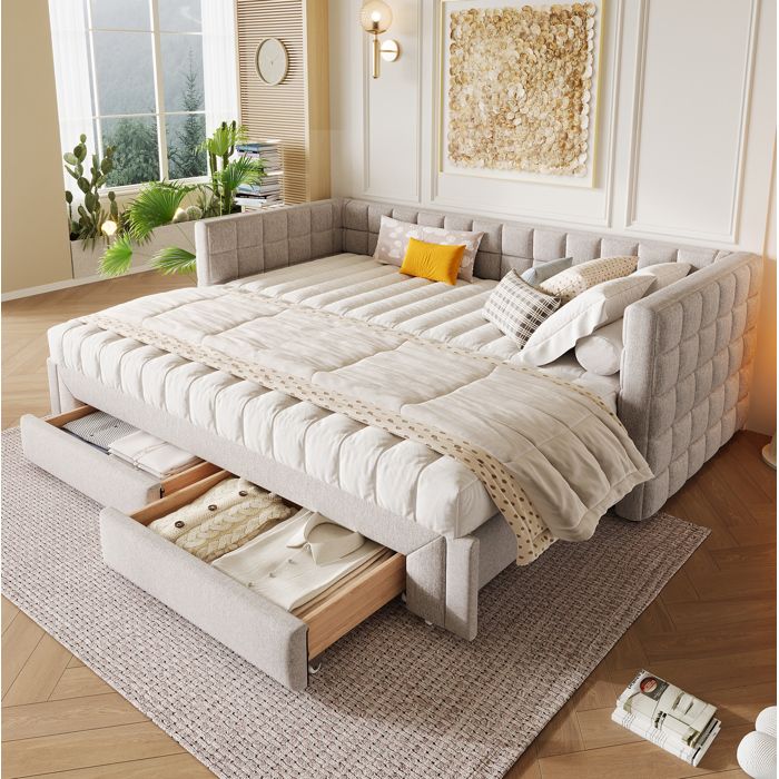 Lit gigogne beige 90×200 cm extensible 2 tiroirs dossier carré matelassé sans matelas