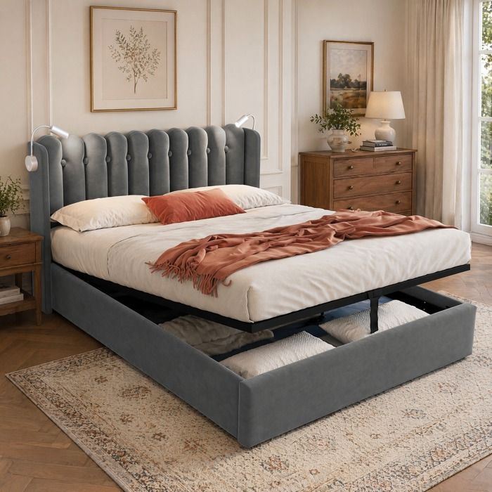 Lit capitonné 2 places liseuse USB coffre de rangement et sommier à lattes 160×200 cm sans matelas