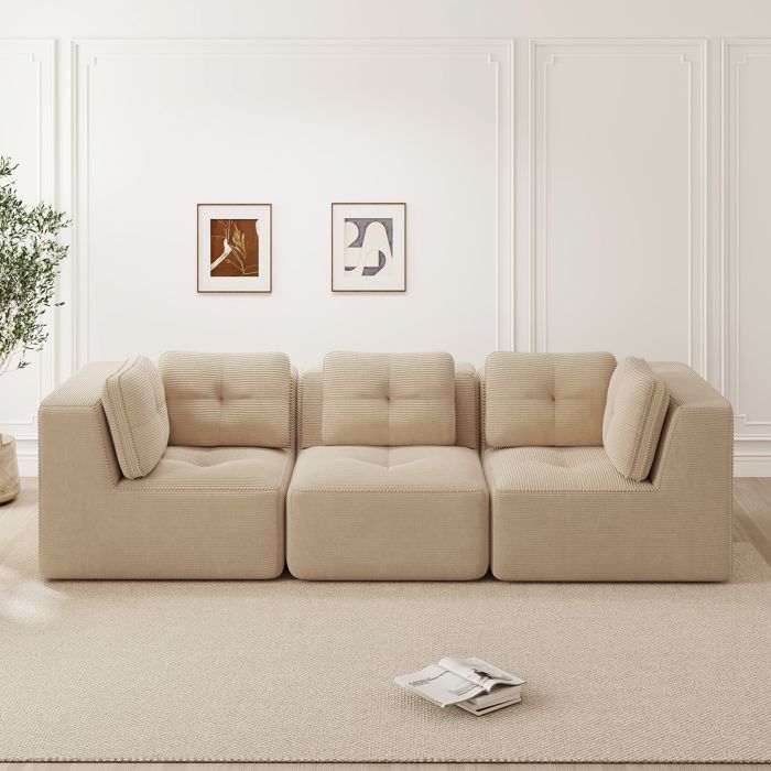 Canapé modulable 3 places d angle en velours côtelé beige assise profonde 74 cm