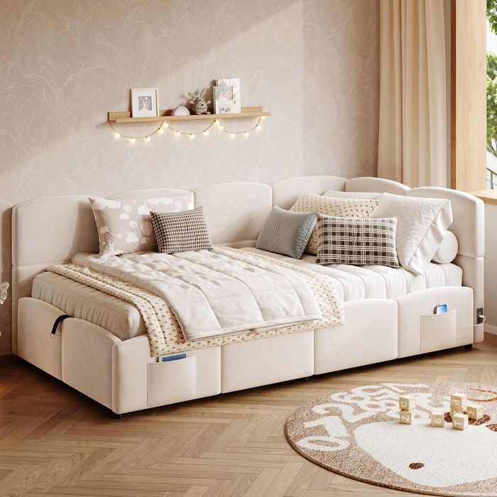 Lit Simple Multifonction 90x200 cm - en Velours Beige - avec Ports USB pour Adulte et Enfant (Sans Matelas) Lit Simple Multifonction 90x200 cm - en Velours Beige - avec Ports USB pour Adulte et Enfant (Sans Matelas)