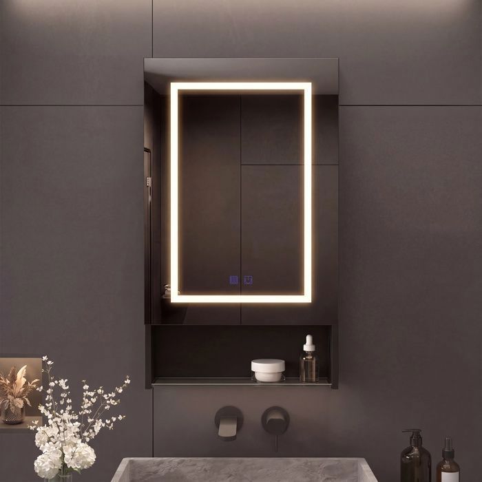 Armoire murale de salle de bain avec Miroir LED - 88x50x16cm - Miroir LED Antibuée 3 Couleurs et Étagère Latérale Pratique - Noir