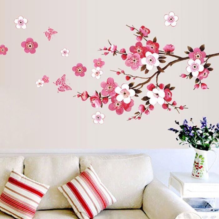 Sticker mural fleur de cerisier avec papillon rose rouge (120x50cm) ISakura rotin fleur branche arbre autocollant mural auto-adhésif