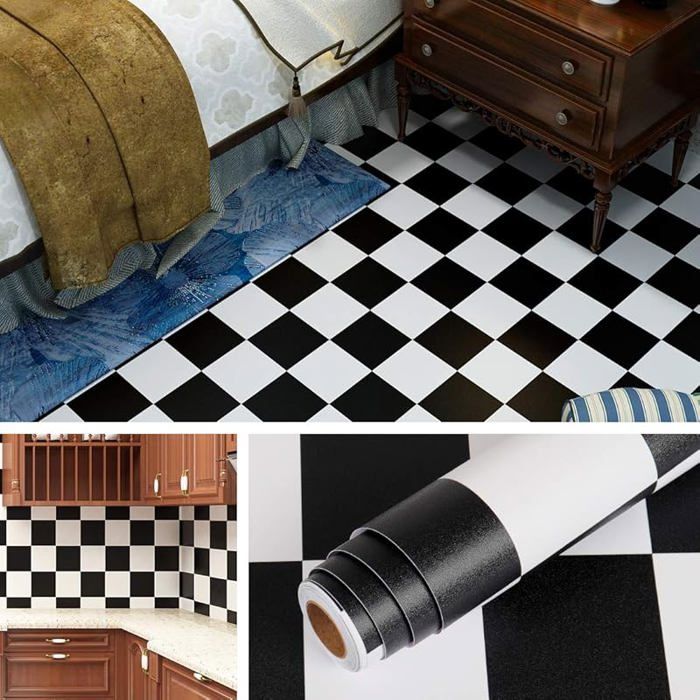 40CM X 10M Dalle PVC Adhesive Sol Carrelage Adhesif Mural Cuisine Papier Peint Épaissir Noir et Blanc 40 x 1000 cm STICKERS