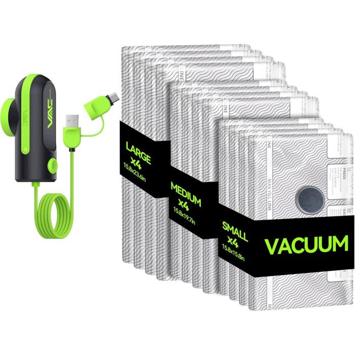 Pack 12 sacs sous vide voyage + USB/Type C sacs compression bagages rangement valise vacances réutilisable