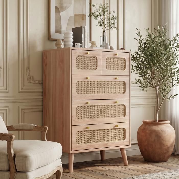 Chiffonnier avec 5 tiroirs en rotin Commode haute - Style scandinave - Commode étroite pour chambre Commode Noir 60x34x91 cm