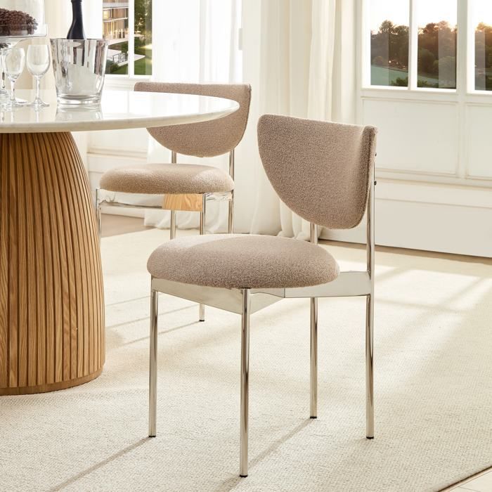 Chaises de Salle à Manger Lot de 2 avec Dossier Boucle Ergonomique - YEAVIO - Inox Poli Tissu Kaki Clair
