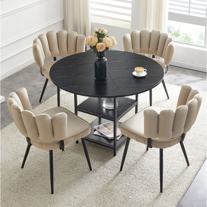 Ensemble table ronde 107 cm et 4 chaises noir et beige clair MDF et métal double rangement style industriel