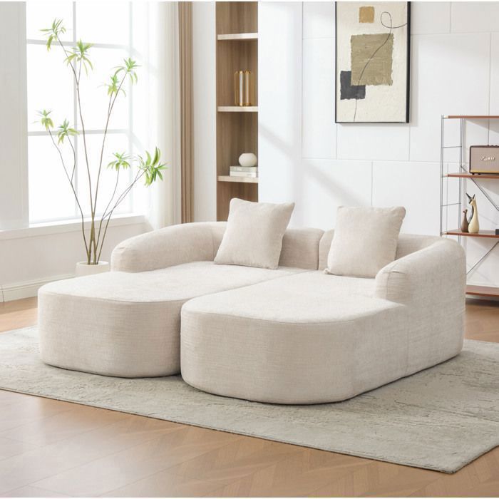 Canapé compressé modulable 2 places en chenille beige avec chaise longue mousse haute élasticité 30D monté