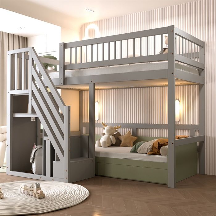 Lit Enfant 90x200cm - Lit Surélevé avec Escalier de Rangement et Cadre en Bois Massif – Style Moderne et Pratique – Gris