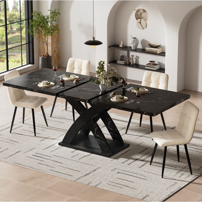 MEULVA Table à manger extensible 120-160 x 80 x 75 cm 6 personnes MDF et métal noir effet marbre
