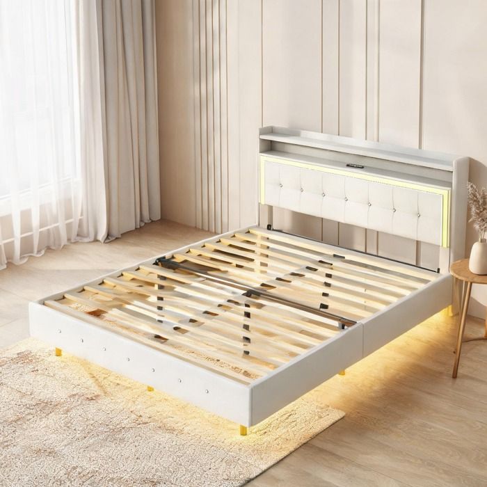 Lit double 140x200 en tissu lin beige sommier tapissier avec USB et LED intégrées design sobre et pieds invisibles