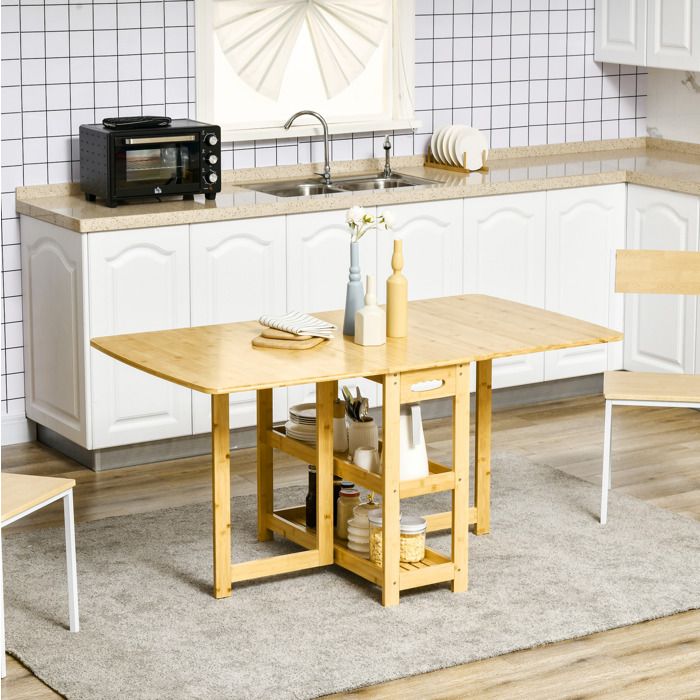 Table à manger pliante extensible 149 5x80 cm en bambou naturel avec 2 étagères 6 personnes gain de place ORVRYN