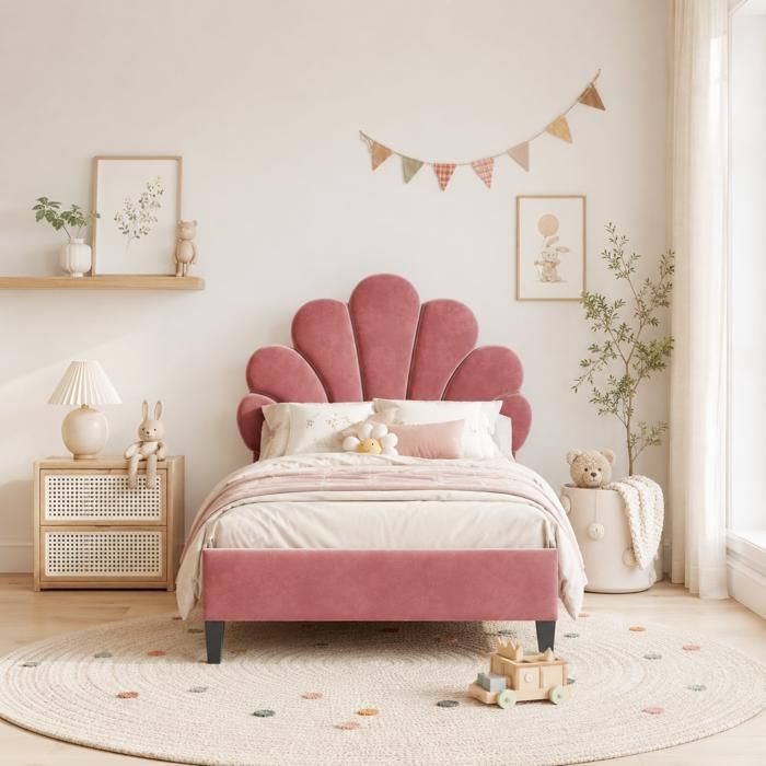 Lit Enfant 90x200 CM avec Tête de lit Rembourré Réglable en Forme de Fleur - Sommier à Lattes - Cadre de Lit 1 place - Velours Doux
